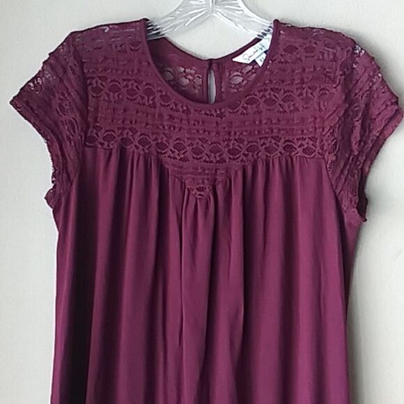 Speechless Dress Baby Doll Shift Sheath Lace Yoke Cap Sleeves Plum Burgundy XL - Picture 2 of 11